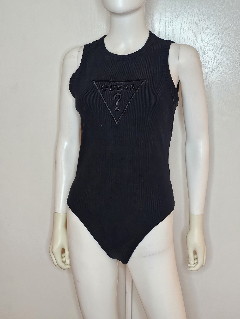 GUESS Black Ribbed Sleeveless Logo One-Piece Bodysuit Size XL 94% Cotton